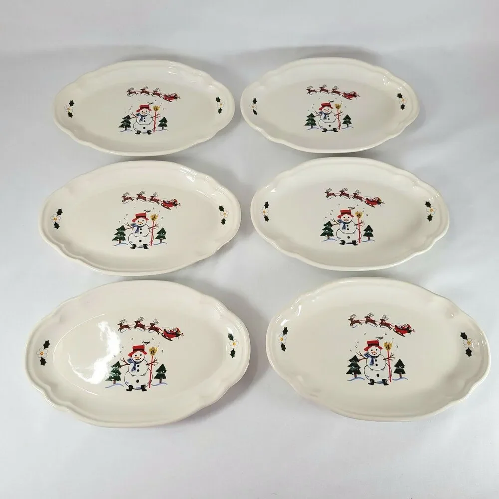 Pfaltzgraff Snow Village Relish Oval Dish Plate Vtg Christmas Snowman Set of 6